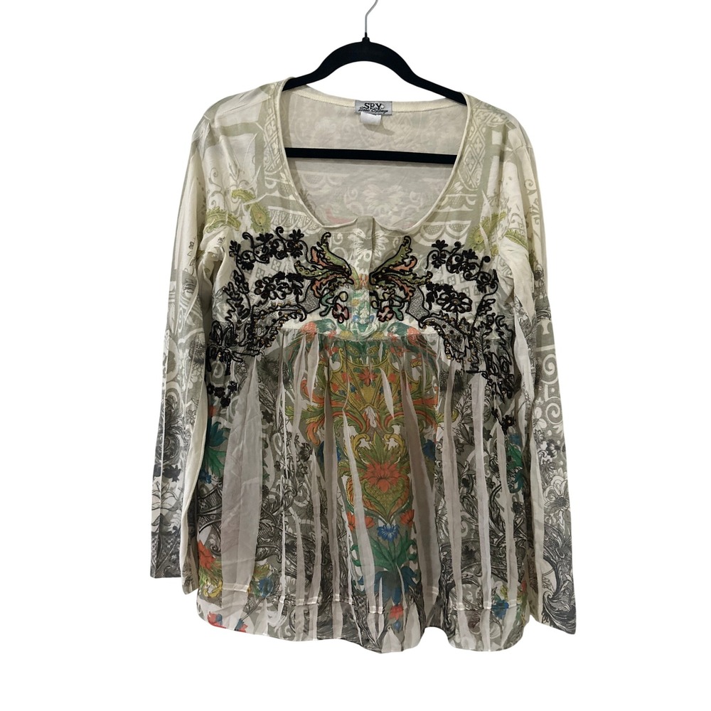 Spy Zone Exchange Women XL Boho Floral Embroidered Studded Mixed Media Top Cream